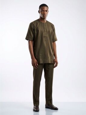 Men's Olive Short-Sleeve Tunic and Trouser Set